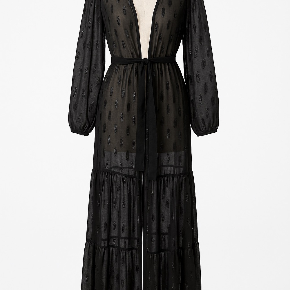 Express Sheer Glitter Duster Robe Black S/M Long Sleeve Tie Waist - Picture 2 of 7